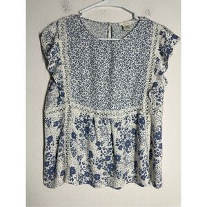 Urban Romantics Women’s Bohemian Lace Trim Top Floral Print Size L White Blue